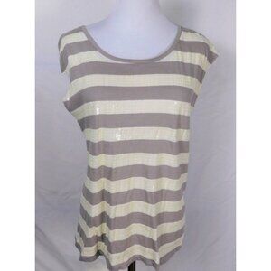 Ann Taylor Loft Top Womens Sz S Grey-Beige White Striped Sequin Cotton